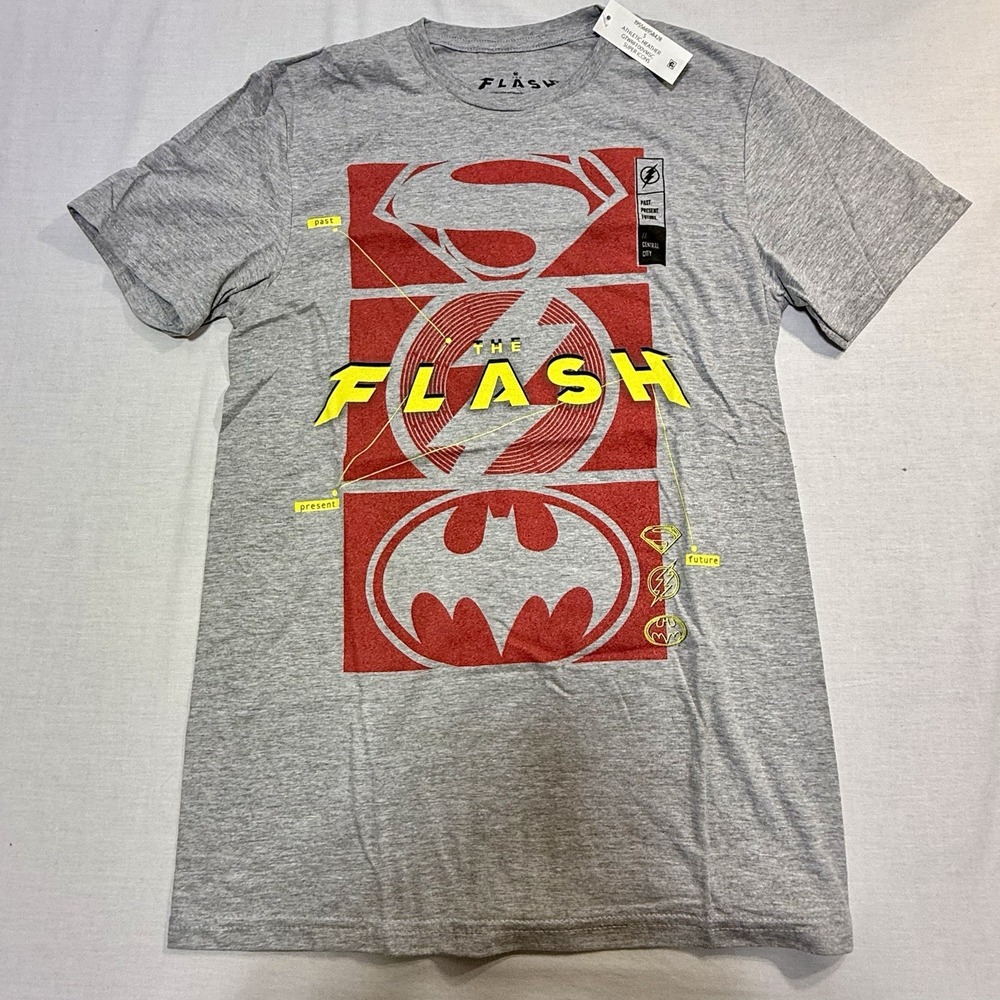 The Flash Heather Gray‎ T-Shirt With Batman Superman Icons Men's Size S 34/36